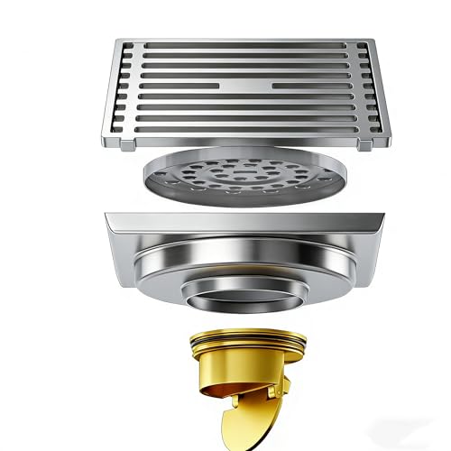 Xportix Square Floor Drain with Backflow Preventer, 4x4 inch, 304 Stainless Steel, for Kitchen Bathroom Balcony Backyard, Silver Chrome with Brass Core 007