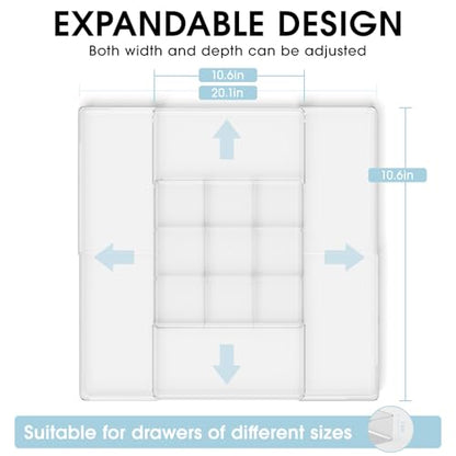 Expandable Makeup Drawer Organizer, Clear Silverware Drawer Organizer Tray. | Width (10.6"-20.1") Depth (11"-20.1") Height1.9", with 6 Removable Dividers, Great for Cosmetic,Utensils,Stationery,Office