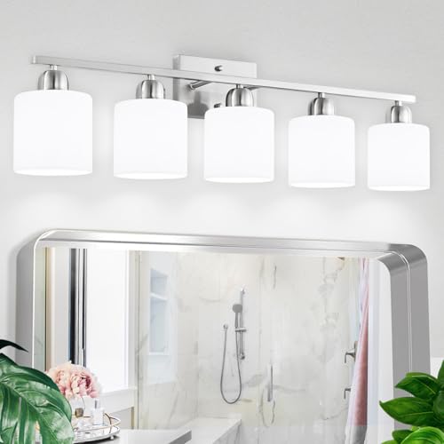 5 Light Bathroom Light Fixtures Brushed Nickel,Anti-Rust Finish Bathroom Vanity Light with Milky White Frosted Glass Shade for Mirror Bedroom Living Room E26 Base - color: Nickel & Milky White Glass, size: 5-Light