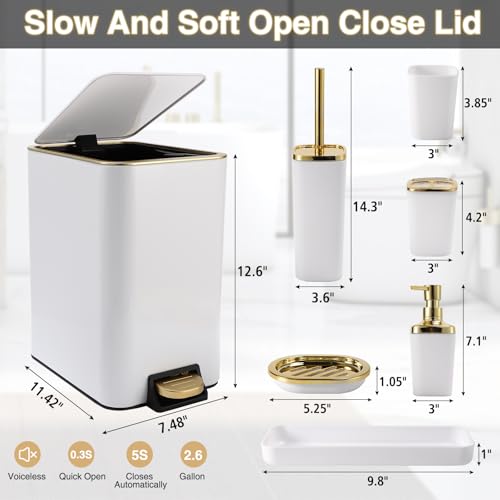 XLHOMO White Bathroom Accessories Set 8 Piece White and Gold Bathroom Set, Bathroom Sets with Stainless Steel Trash Can,Toilet Brush,Toothbrush Set,Soap Dispenser - size: White, style: Bath Set