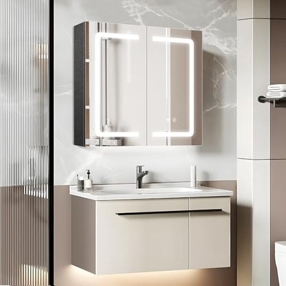 Black Bathroom Mirror Medicine Cabinets with LED Lights, Wall Mounted Mirror Medicine Cabinet with Adustable Shelf, Shaver Socket and Plug, 2 Doors, Anti Fog, Dimmable, Memory Function, 25.5 x 24 inch