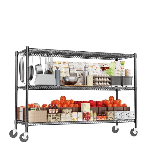 Heavy Duty Shelving, 51.6" H Garage Shelving Unit with Wheels, 3-Tier Garage Storage Shelves Metal Shelves Rack, Adjustable Industrial Shelving for Warehouse Storage, 60" W x 24" D x 51.6" H, Black - color: Black, size: 24D x 60W x 51.6H(3Tier-with-Wheel)