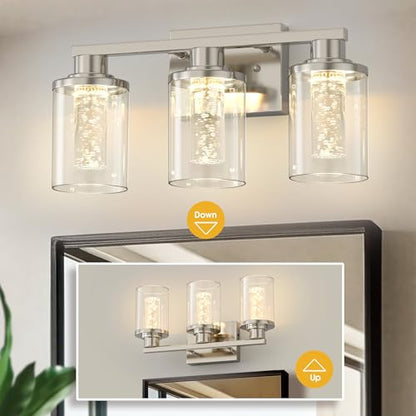 L LOHAS LED 3-Light Bathroom Vanity Light, Nickel, 5CCT, Remote Control | 5CCT Dimmable Acrylic Bathroom Light Fixtures with Clear Glass Shades and Remote Control
