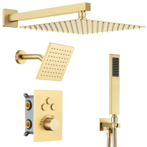 Thermostatic Dual Shower System, Rain Shower Faucet, Brushed Gold | 12 Inch Shower Head, 6 Inch Wall Mount Head, High Pressure Handheld Sprayer, Push Button Valve - color: Brushed Gold