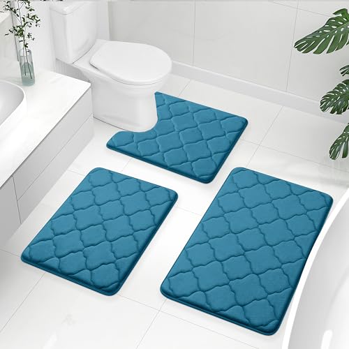 OLANLY Memory Foam Bath Mat Set of 3 Piece, Bathroom Rugs and Toilet Rug U-Shaped, Ultra Soft and Absorbent, Comfortable, Non-Slip, Machine Washable, Shower and Home Decor Accessories, Peacock Blue - color: Peacock Blue