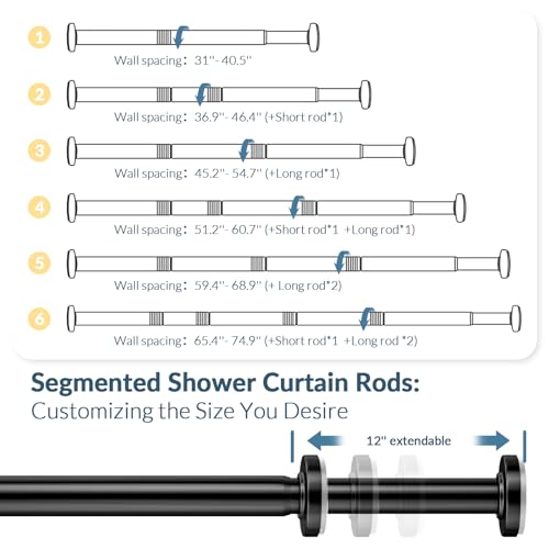 AmazerBath 72 x 72 Inches Plastic Heavy Duty Clear Shower Curtain with 3 Big Stones and 12 Grommets and AmazerBath Black 31-75 Inches Heavy Duty Shower Curtain Rod No Drill Easy Segmented Installation