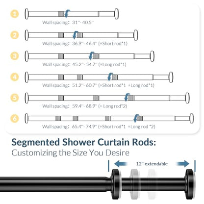 AmazerBath 72 x 72 Inches Plastic Heavy Duty Clear Shower Curtain with 3 Big Stones and 12 Grommets and AmazerBath Black 31-75 Inches Heavy Duty Shower Curtain Rod No Drill Easy Segmented Installation