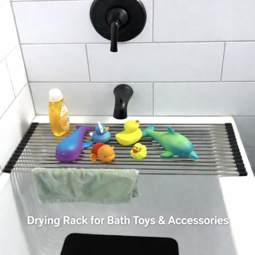 28" Bathtub Drying Rack for Bath Toys, Over-the-Tub Roll-Up Shelf & Tray | Fits tub openings up to 28 in. wide; measure first. Fast-draining, non-slip silicone tips; holds toys, cups & washcloths