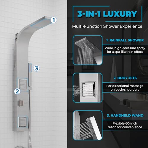 ANZZI Level 66" Body Massage 2 Jetted Shower Panel System With Heavy Rain | Includes Two 2 Fully Adjustable Acu Stream Jets, Installation Installs To Existing Water Line, Built To Last - color: Stainless Steel 2, style: 2 Jets