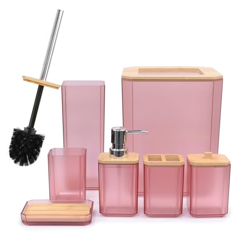 CERBIOR Bamboo Bathroom Accessories Set 7 Piece Bath Ensemble,Pink | Includes Soap Dispenser, Toothbrush Holder, Toothbrush Cup, Soap Dish for Decorative Countertop and Housewarming Gift - style: Pink