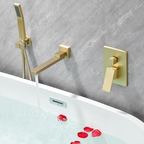 DASAN Swiveling Wall Mount Tub Filler Faucet Set with Hand Held Shower, Brushed Gold Modern Creative Bathtub Faucet Wall Mounted Bath Tub Faucet with High Flow Rough in Valve, SA-TF05WH-BG - color: Brushed Gold