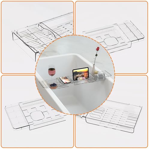Expandable Bathtub Tray - Lightweight Adjustable Bath Caddy, Spa Organizer with Holder for Phone, Book & Wine Glass (Extra Long)