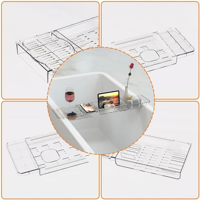 Expandable Bathtub Tray - Lightweight Adjustable Bath Caddy, Spa Organizer with Holder for Phone, Book & Wine Glass (Extra Long)