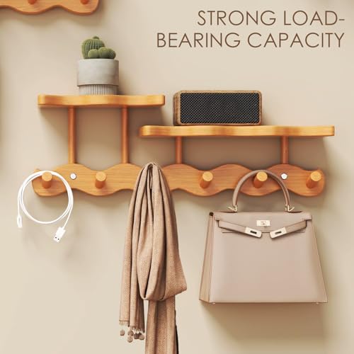 Wall-Mounted Coat Rack with Shelf, Wooden Coat Hanger with 6 Sturdy Hooks, Drill-Mounted Design for Hanging Clothes, Hats, Towels, Bags, and Robes (Brown) - color: Brown