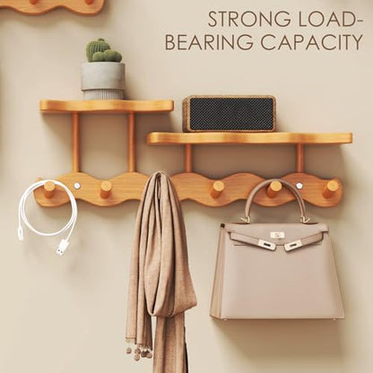 Wall-Mounted Coat Rack with Shelf, Wooden Coat Hanger with 6 Sturdy Hooks, Drill-Mounted Design for Hanging Clothes, Hats, Towels, Bags, and Robes (Brown) - color: Brown