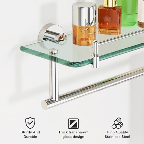 20-Inch Floating Tempered Glass Bathroom Shelf with Towel Bar - Chrome Polished & Stainless Steel, Wall Mount - color: Chrome Polished, size: 20-inch with Railing