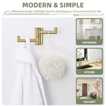 Suyar Brushed Gold Swivel Double Towel Hook, Bathroom Coat Robe Holder | SUS304 Stainless Steel Dual Hand Towel Hook, Space-Saving Solution, Wall Mounted - color: Brushed Gold, size: 1 Pack