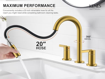 Brushed Gold Pull Down Widespread Bathroom Faucet 2 Handle 3 Hole | Pull Out Bathroom Faucet with Pop Up Drain & Supply Lines, Lead-Free cUPC & NSF Certified, 8 Inch Faucet for Vanity RV Sink - color: Brushed Gold