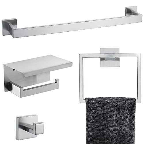 Brushed 4-Piece Bathroom Hardware Set Premium Stainless Steel Bath Towel Bar Sets Wall Mounted Bathroom Toilet Paper Holder with Shelf Set, 23.6 Inch - color: Brushed Nickel, size: 4-Pieces Set-B