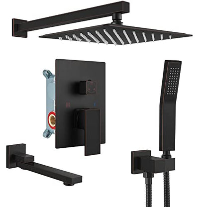 gotonovo Tub Shower Faucet Set with Valve Kit 10’’ Head,Oil Rubbed Bronze | Shower System with Tub Spout,SUS304 Rain Head with Handheld Sprayer,Swivel Spout,All Metal,Rough-In Valve Trim Kit,Wall Mount - color: Bronze, size: 10’’ Head
