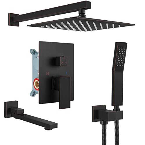gotonovo Tub Shower Faucet Set with Valve Kit 10’’ Head,Oil Rubbed Bronze | Shower System with Tub Spout,SUS304 Rain Head with Handheld Sprayer,Swivel Spout,All Metal,Rough-In Valve Trim Kit,Wall Mount - color: Bronze, size: 10’’ Head