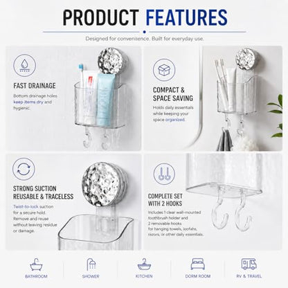 HOME&I Clear Suction Cup Toothbrush Holder for Shower Wall, Twist-to-Lock Drill-Free Bathroom Organizer with 2 Hooks, Self-Draining Wall Storage for Toothpaste, Razor & Accessories - size: 1 Pack / Clear