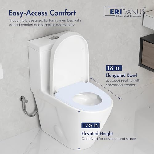 One Piece Toilet Elongated Dual Flush, 17.3" ADA Seat, White | ADA Compliant 17.3" chair height with soft close seat, Dual flush 1.1/1.6 GPF, Elongated toilet bowl, 12" rough-in, White - color: White 365Model