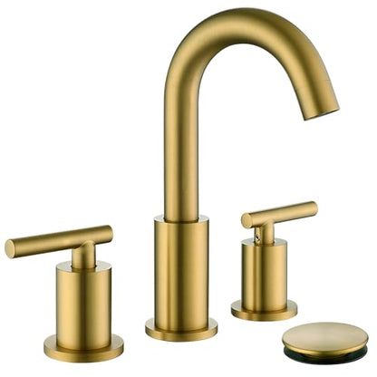 Brushed Brass Bathroom Faucet 3 Hole with Pop Up Drain with Over Flow and Supply Hose, Stainless Steel 8 in Widespread Gold Bathroom Sink Faucet, ChiLDano 2 Handle Gold Bathroom Faucet CH2183BBG - color: Brushed Brass