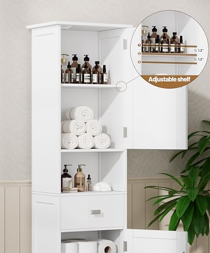 Akxomel 67" H Narrow Tall Bathroom Cabinet with 2 Doors and Storage Drawer | Floor Cabinet with Adjustable Shelves, Anti-Tip Design, 11.0 x 12.6 x 66.9 Inches, for Bathroom, Kitchen，Entryway, White