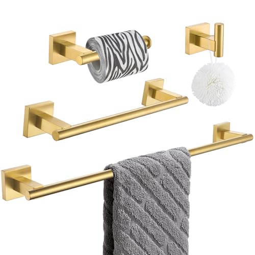 Suyar Brushed Gold Bathroom Accessories, Bathroom Hardware Set 4 Pieces | Include Robe Hook, Toilet Paper Holder, Hand Towel Holder, Towel Bar, SUS304 Stainless Steel, Wall Mounted - color: Brushed Gold