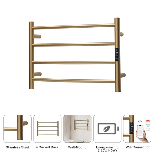 Electric Towel Rack with Voice Control for Alexa & Google Home,TUYA - Wall-Mounted Bathroom Heating Towel Warmer,Plug-in,Stainless Steel Material,16.54x23.62x5.51 in,Gold，4 Bars - color: Gold With Wifi, size: 4 Bar