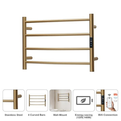 Electric Towel Rack with Voice Control for Alexa & Google Home,TUYA - Wall-Mounted Bathroom Heating Towel Warmer,Plug-in,Stainless Steel Material,16.54x23.62x5.51 in,Gold，4 Bars - color: Gold With Wifi, size: 4 Bar