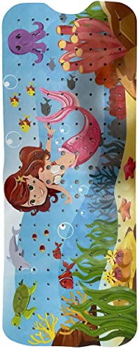 ENKOSI Non-Slip Bath & Shower Mat 40x16 Extra Long, Suction & Drain Holes | Fun mermaid print for kids; Durable PVC; 40x16 in, Mermaid - color: Mermaid Print