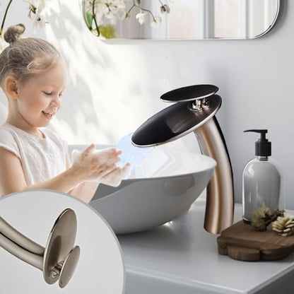 Brushed Nickel Waterfall Bathroom Faucet Tall Body and Pop Up Drain - color: Brushed Nickel, size: Tall Body