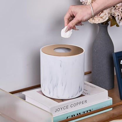 White Marble Textural Mini Trash Can with Rose Gold Stainless Steel Lid, Small Countertop Trash Can for Bathroom Kitchen,Desk Trash Can,Table top Mini Garbage Cans,Resin Tiny Waste Basket for Vanity - color: Marble White
