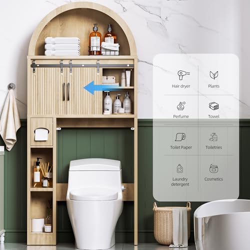 AHB Over The Toilet Storage Cabinet with Sliding Doors, Natural | Arched Cabinet Freestanding Bathroom Organizer Anti-Tip Device Space-Saving Toilet Storage for Bathroom, Laundry