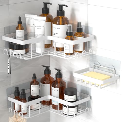 Corner Adhesive Shower Caddy, with Soap Holder and 12 Hooks, Rustproof Stainless Steel Bathroom Organizer, No Drilling Wall Mounted Rack, White, 3-Pack - color: White