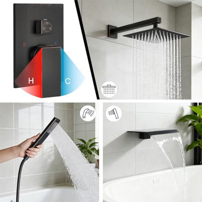 Midanya Shower System with Tub Spout,Bathtub Shower Faucet Set with Square Rainfall Head and Handheld Sprayer Wall Mount Tub Faucet Set with Valve and Trim Kit,12 Inch Oil Rubbed Bronze - color: Oil Rubbed Bronze, size: 12 Inch