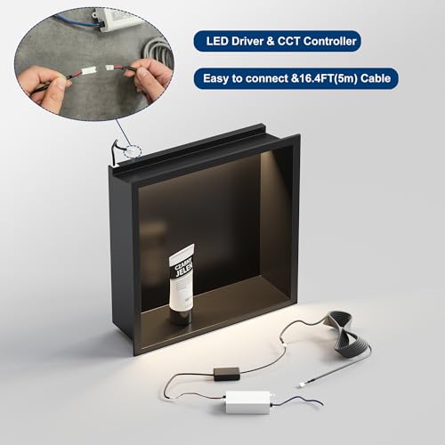 12"x12"Black LED Shower Niche,3 CCT Dimmable Light, No Tile Needed | 304 Stainless Steel Bathroom Niche w/ Light(3000K/4000K/6000K), IP66 Waterproof, Space Saving & Durable ,LED Driver Included - color: Matte Black, size: 12X12In