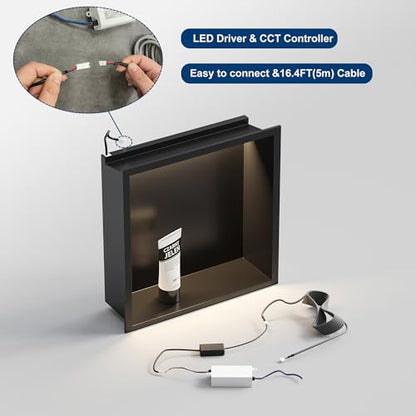 12"x12"Black LED Shower Niche,3 CCT Dimmable Light, No Tile Needed | 304 Stainless Steel Bathroom Niche w/ Light(3000K/4000K/6000K), IP66 Waterproof, Space Saving & Durable ,LED Driver Included - color: Matte Black, size: 12X12In