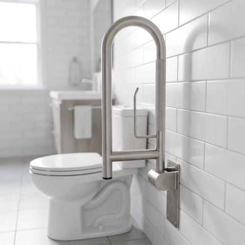 Flip Up Grab Bar, Fold Down Stainless Steel Handicap Grab Bars for Toilet with Knurled Surface, Swing Up Toilet Rails, 90 Degree Bathroom Safety Frame for Seniors, Shower & Tile Wall