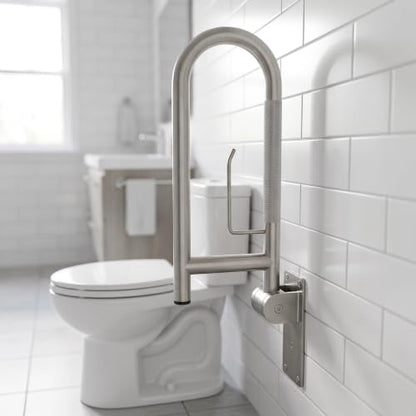 Flip Up Grab Bar, Fold Down Stainless Steel Handicap Grab Bars for Toilet with Knurled Surface, Swing Up Toilet Rails, 90 Degree Bathroom Safety Frame for Seniors, Shower & Tile Wall