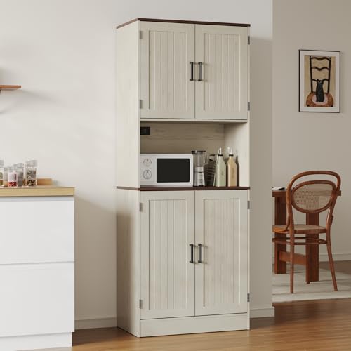 MHOM 71" Tall Pantry Cabinet with Charging Station, Farmhouse Kitchen Hutch with Adjustable Shelves, Modern Kitchen Pantry Storage Cabinet for Dinning Room & Living Room, Antique Oak - color: Oak