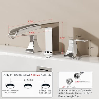 FORIOUS Roman Bathtub Faucet 3 Hole Deck Mount with 2 Handle Chrome | Tub Faucet for 3-Hole Set, 6-12" Centered Distance, Widespread Garden Bath Tub, Waterfall Spout, High Flow, Brass - color: Chrome