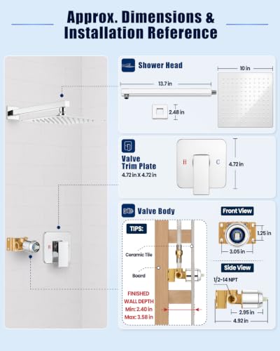 Heyalan 10 Inch Square Rain Shower Faucet Set with Valve, Polished Chrome | Female-thread 1/2-inch NPT connections, SUS304 shower head, brass rough-in valve, single-handle control Shower Set - color: Chrome, size: 10 Inch Square Shower Head