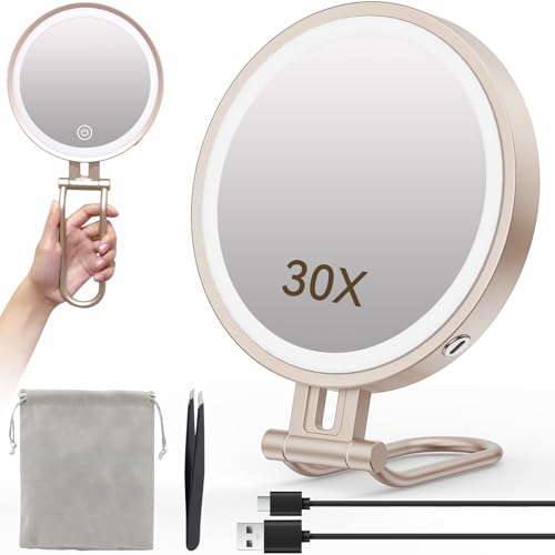 Travel Makeup Mirror with Lights,3000mAh Rechargeable 1X/30X Magnifying Mirror with Light, 7" Portable Lighted Beauty Mirror, Make Up Mirrors with 3 Light Colors, Dimmable Tabletop Handhold Hanging(N) - color: 30x-nickel