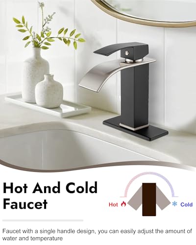 Midanya Waterfall Bathroom Faucet 1 Hole,Brushed Nickel Spout/Matte Black | with 24” Hoses,Pop Up Drain,6” Deck Plate,for 1 or 3 Hole Vanity,Lavatory,RV,Single Handle Bathroom Sink Faucet,NSF Certified - color: Nickel Spout/Black
