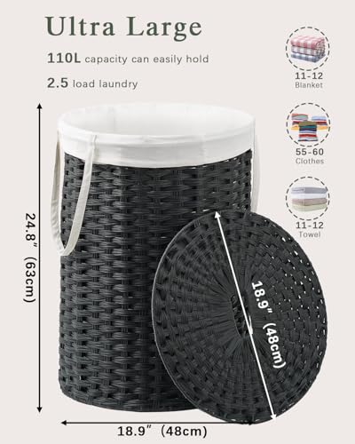 SETVSON Laundry Basket with Lid Round 29.1 Gal PE Rattan, Black | Family Clothes & Blanket Trunk with Lid, Removable Liner Bag with Handles, 2 Mesh Wash Bags, Collapsible Steel Frame - color: Black, size: 110 L