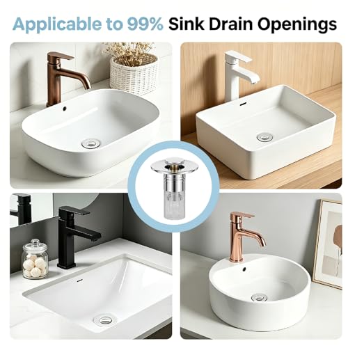 2PCS Bathroom Sink Drain Strainer, Pop-up Stopper Hair Catcher with Stainless Steel Filter Basket, Universal Replacement Drain Plug for Bathroom Sinks