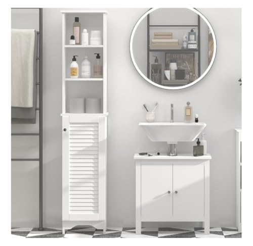 Bathroom Storage Cabinet, Tall Linen Tower with Adjustable Shelves - White